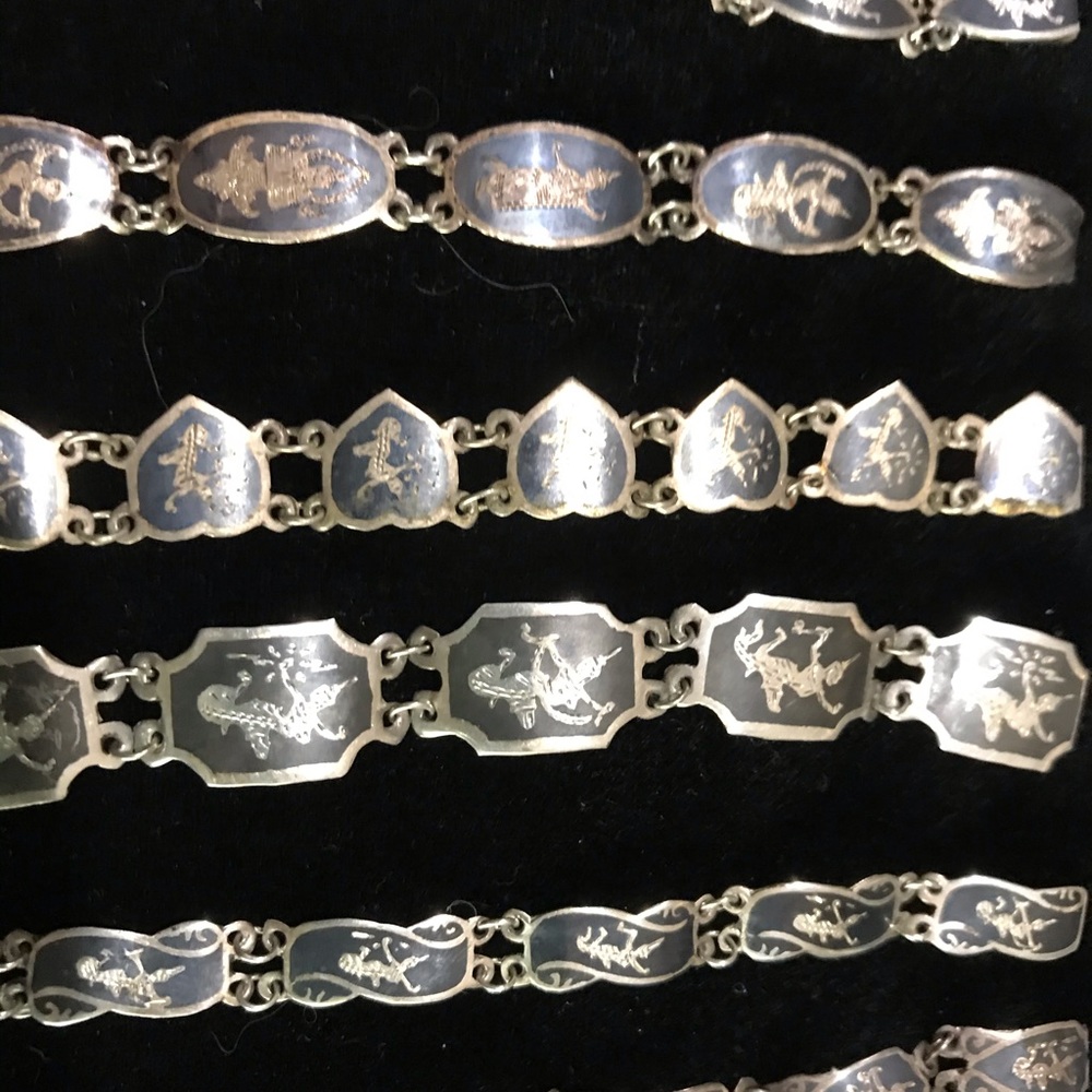 Nielloware bracelets. Vintage Siam silver.